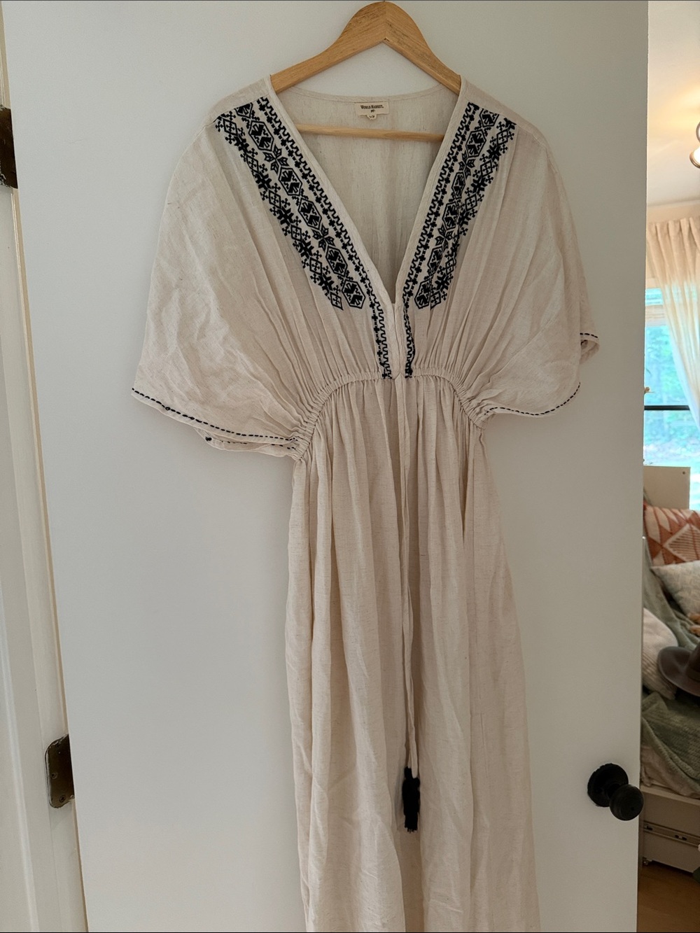Boho Embroidered Cream Maxi Dress with Black Detail